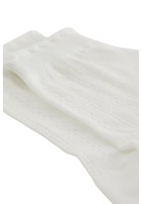 Chaussettes blanches en tricot avec un motif texturé comprenant de petits trous. Tissu doux et léger avec des bordures côtelées en haut.