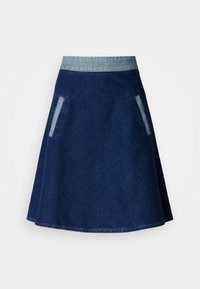 Σκούρα μπλε τζιν φούστα σε γραμμή Α με πιο ανοιχτή μέση από τζιν και δύο πλαϊνές τσέπες. Διαθέτει ραμμένο τελείωμα και λεία υφή.