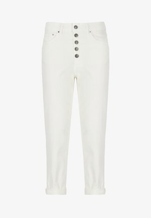 Pantaloni in denim bianco con vita alta, dotati di chiusura a bottoni, cinque tasche e orli arrotolati per una vestibilità affusolata. Tessuto liscio e resistente.