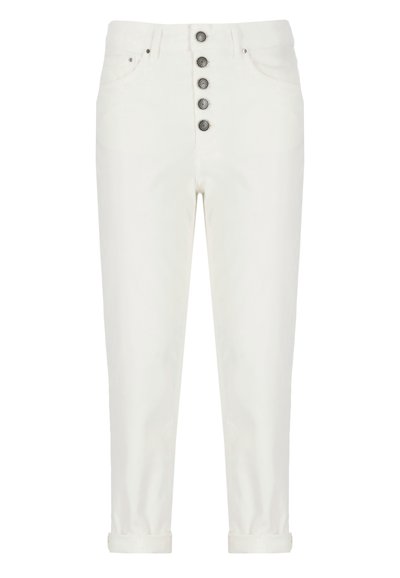 Pantaloni in denim bianco con vita alta, dotati di chiusura a bottoni, cinque tasche e orli arrotolati per una vestibilità affusolata. Tessuto liscio e resistente.