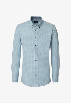 Hellblaues, langärmliges Hemd mit Knöpfen, versehen mit kleinem dunklem geometrischem Muster, geknöpfter Kragen und dunklen Knöpfen vorne.