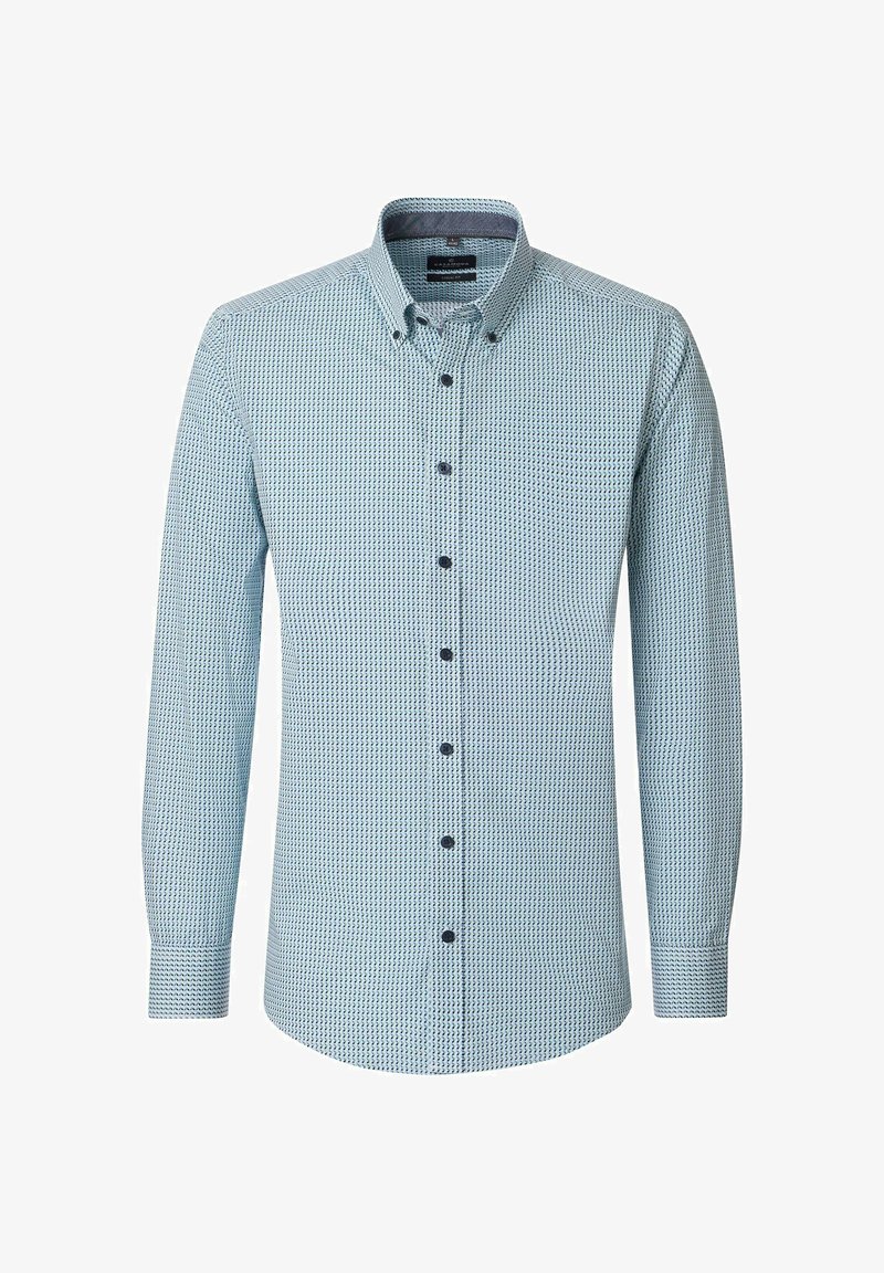 Light blue long-sleeve button-up shirt with small dark geometric pattern, buttoned collar, and dark buttons down the front.