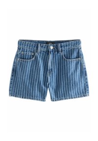 Denim šortky s modro-bielymi vertikálnymi pruhmi, piatimi vreckami a zapínaním na gombík. Tkanina má klasickú denimovú textúru.
