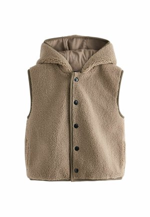 Veste sans manches en polaire sherpa beige avec capuche et cinq boutons-pression noirs sur le devant, conçue pour la superposition par temps froid.