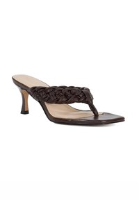 Brown leather heeled sandal with a braided upper, square toe, and a stiletto heel. Smooth texture with a neutral insole.