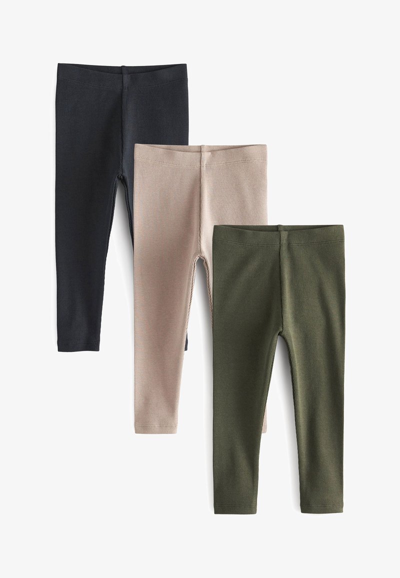 Drei Paar gerippte Leggings: eines in Marineblau, eines in Hellbeige und eines in Dunkelgrün. Elastischer Stoff mit figurbetontem Design.