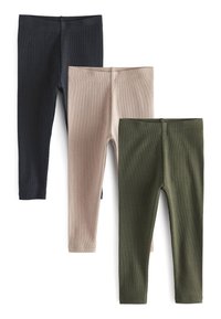 Drei Paar gerippte Leggings: eines in Marineblau, eines in Hellbeige und eines in Dunkelgrün. Elastischer Stoff mit figurbetontem Design.