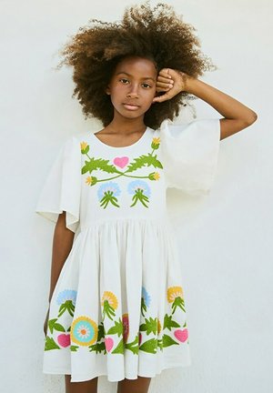 Witte korte jurk met korte mouwen, versierd met kleurrijke bloemenborduursels in roze, blauw, geel en groen. Flared rokontwerp met een geraffineerde taille.