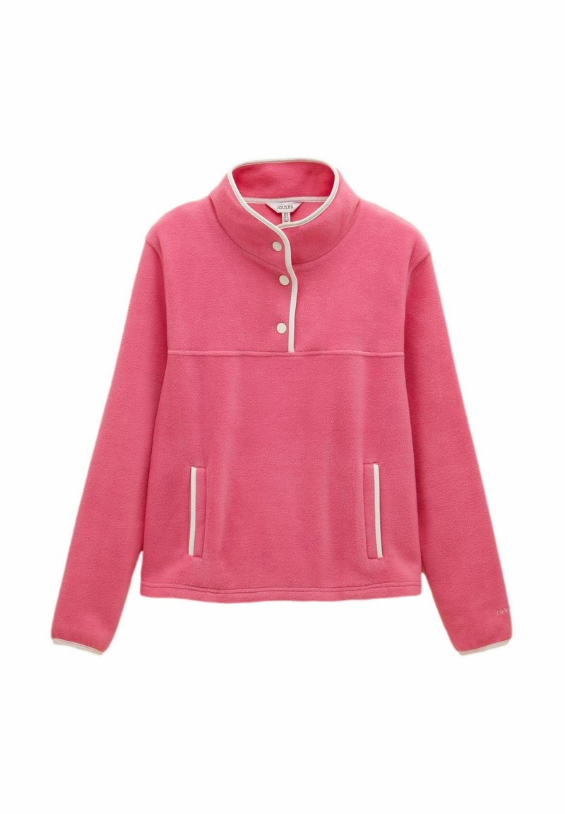 Rosa Fleece-Pullover mit hohem Kragen, weißen Akzenten, drei Knöpfen am Hals und zwei seitlichen Taschen. Weicher Stoff und lässige Passform.