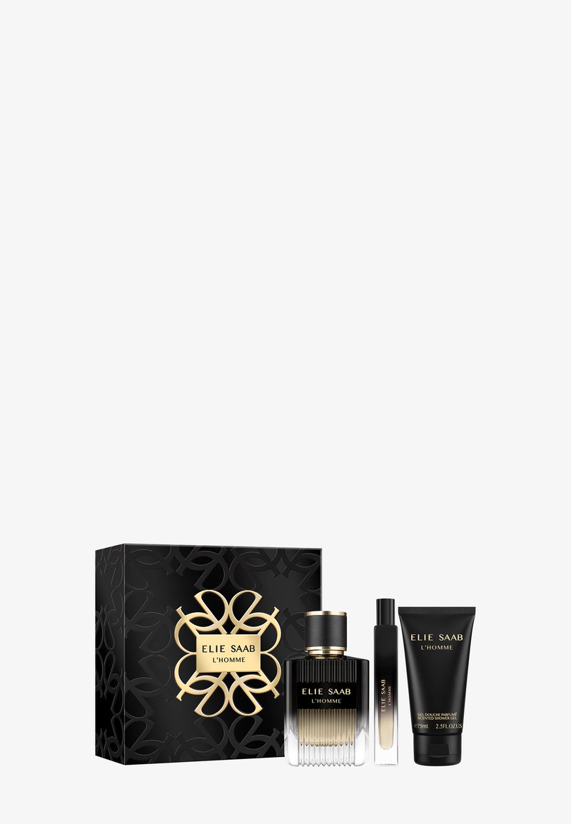 Elie Saab L’Homme parfyme settet inkluderer en glassflaske med gradientdesign, en reisespray og en svart tube med dusjgelé, alt i en dekorativ eske.
