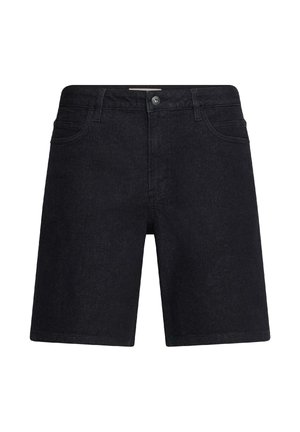 Čierne denimové šortky s predným zapínaním na gombík, pútkami na opasok a prednými vreckami, zobrazené na bielom pozadí.