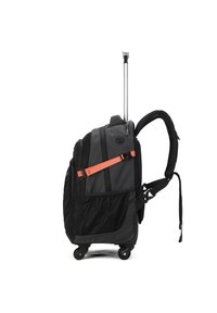 Rolgedeelte in zwart en grijs met een oranje strap, voorzien van dubbele wielen, verstelbare schouderbanden en een zijnetvak.