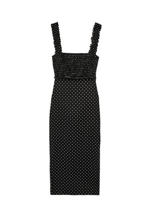 Vestito midi nero senza maniche con pois bianchi, corpetto arricciato, spalline arricciate e gonna aderente.
