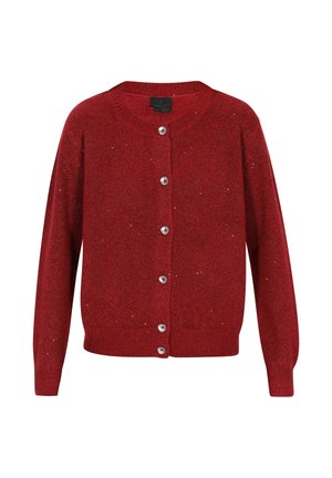 Red cardigan made of textured knit fabric, featuring a round neckline, long sleeves, and five shiny buttons down the front.