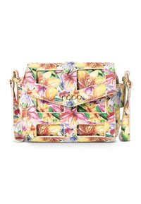 Blumenhandtasche in Pastellfarben, aus Leder, rechteckige Form, mit Auschnittdesign und abnehmbarem Riemen mit goldener Akzentuierung.