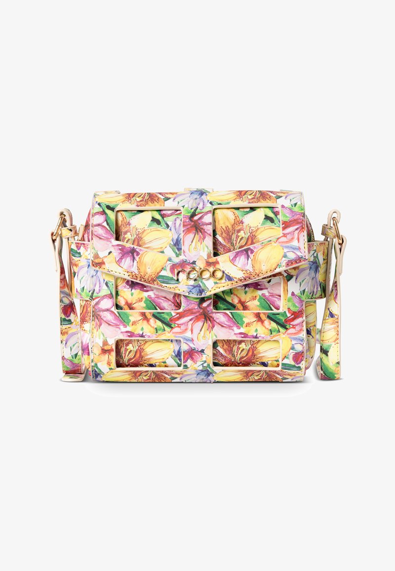 Blumenhandtasche in Pastellfarben, aus Leder, rechteckige Form, mit Auschnittdesign und abnehmbarem Riemen mit goldener Akzentuierung.