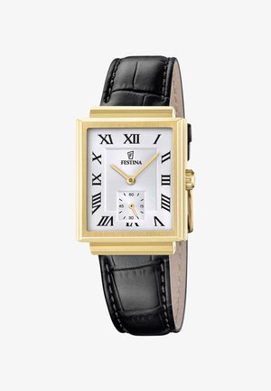 Reloj de pulsera rectangular de oro con esfera blanca, números romanos negros, agujas doradas, pequeño segundero y correa de cuero negra.
