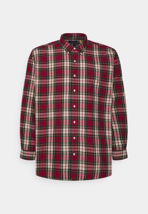 Langärmeliges Hemd mit Knopfleiste in einem rot-grün-weißen Karomuster und einem Button-Down-Kragen.