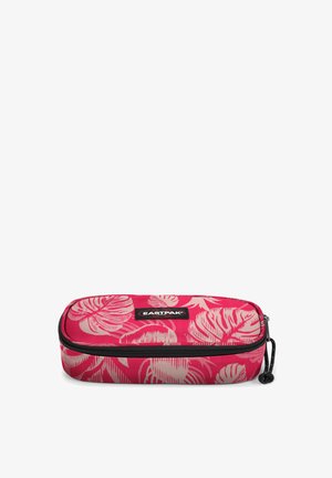 Astuccio rosso con motivo floreale in beige chiaro. Dotato di una zip resistente e di un'etichetta nera con il marchio sul davanti. Forma rettangolare.