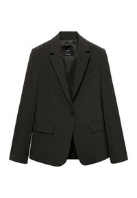 Tmavě šedé sako s tenkými proužky, zapínání na jeden knoflík, zářezové klopy, dvě přední kapsy, částečně podšívkované uvnitř, na míru střižené.