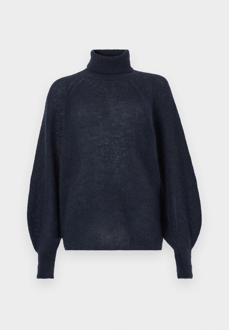 Navy blue turtleneck sweater with a loose fit, ribbed texture, and oversized sleeves, made from a soft, lightweight knit material.