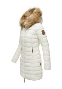 White puffer coat with a faux fur hood. Features vertical quilted pattern, zippered side pockets, and a logo patch on the left sleeve.