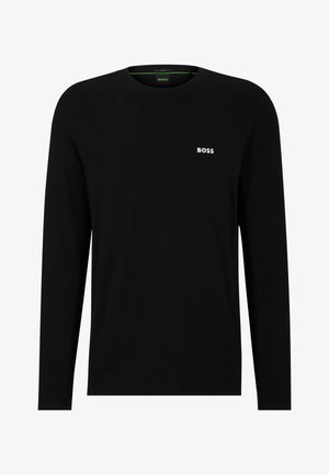 Fekete hosszú ujjú póló, pamutból készült, kerek nyakkal. Az elülső részen egy kis fehér "BOSS" logó található, a dizájn letisztult.