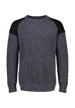 Suéter de pullover de punto con un cuerpo gris texturizado, inserciones negras en los hombros y cuello redondo. Mangas largas con puños de canalé.