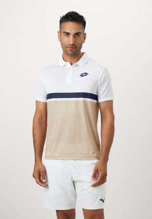 Men's polo shirt in white and beige, featuring a navy horizontal stripe. Made of smooth fabric with a classic collar and logo on the chest.