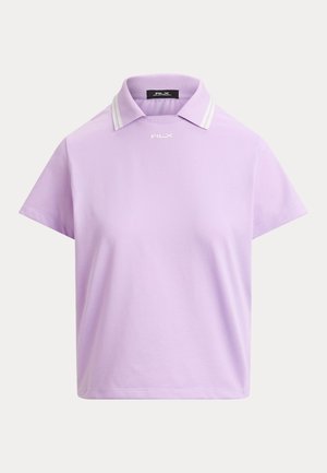 Polo manches courtes violet clair avec des rayures blanches sur le col et un petit logo RLX blanc sous l'encolure.