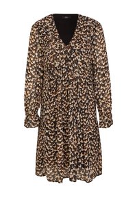 Robe à manches longues avec col en V, présentant un imprimé marron et beige évoquant des plumes et des poignets froncés sur un tissu transparent.