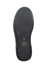 Czarna guma podeszwowa buta z teksturowanym falistym wzorem, etykieta rozmiaru 38 oraz symbole pielęgnacyjne wytłoczone w pobliżu pięty dla trwa�łości i przyczepności.