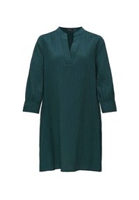 Robe longueur genou texturée vert foncé avec des manches trois-quarts, col mandarin et décolleté en V à l'avant.