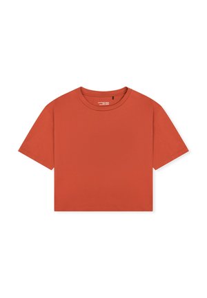 Rust orange cropped short-sleeve T-shirt with a crew neck, laid flat on a white background.
