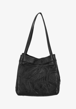 Černá kožená taška přes rameno s měkkou, zmačkanou texturou, jedním ramenním popruhem a uvolněným tvarem. Má jemný skládací detail na horní straně.