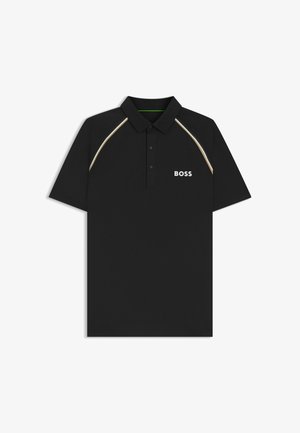 Polo noir avec un col, manches courtes et un fin liseré doré et blanc. Présente un logo "BOSS" en blanc à l'avant.
