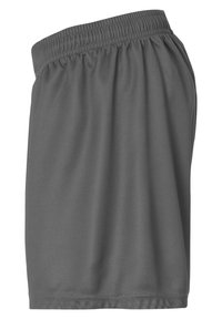 Pantalones cortos deportivos grises con cintura elástica, bolsillos laterales y textura suave, que presentan un corte holgado y diseño a la altura de la rodilla.