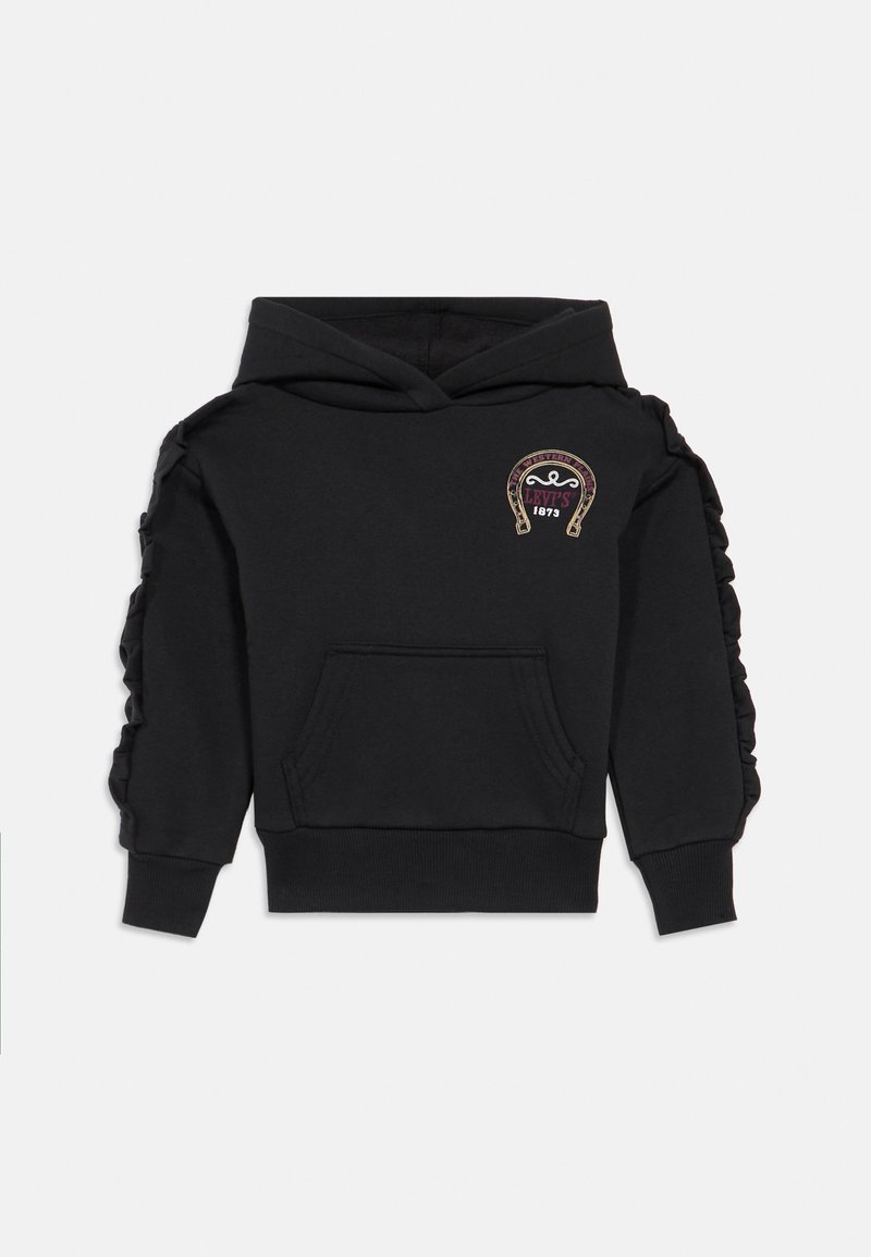 Sweatshirt preta com capuz feita de algodão, com um bolso frontal, um pequeno logótipo gráfico e folhos texturados ao longo das mangas.