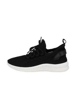Black knitted athletic sneaker with a textured upper, white rubber sole, and a sleek black heel accent. Features laces for secure fit.