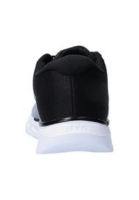 Schwarzer Sportschuh aus Mesh und synthetischen Materialien, mit runder Zehenform, einer strukturierten Oberseite und einer weißen Gummisohle mit Logo.