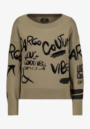 Jersey de punto beige con texto en estilo grafiti negro que incluye "Couture", "Vibes" y "Love Good Vibes Only", con cuello redondo y puños acanalados.