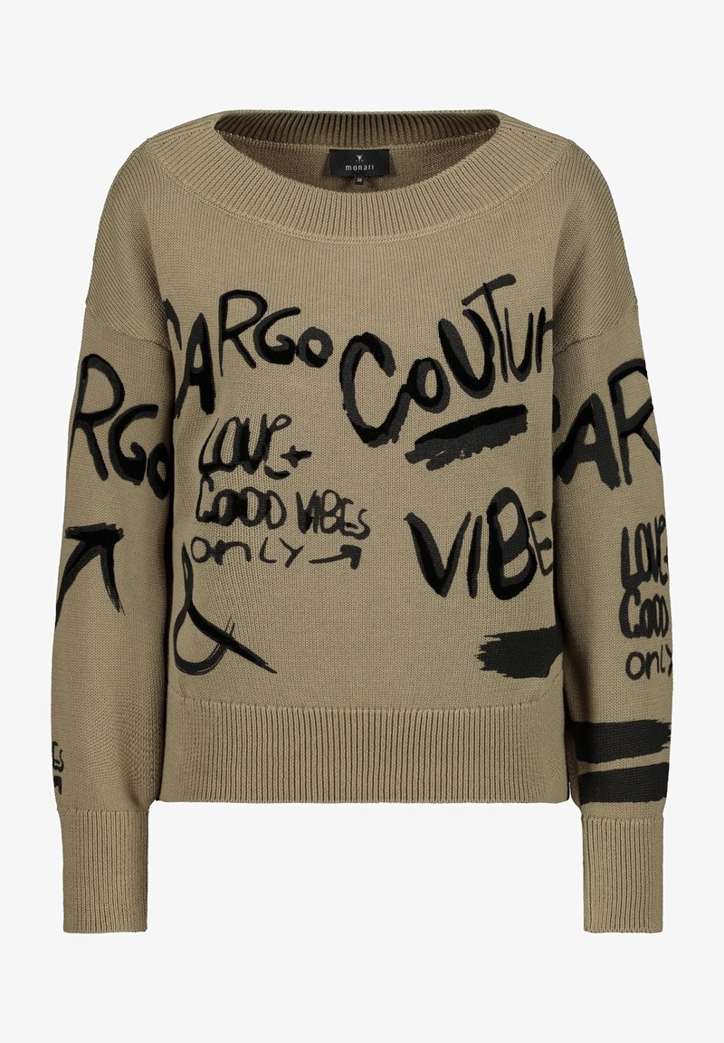 Pull en maille beige avec texte noir de style graffiti comprenant "Couture", "Vibes" et "Love Good Vibes Only", avec un col rond et des poignets côtelés.