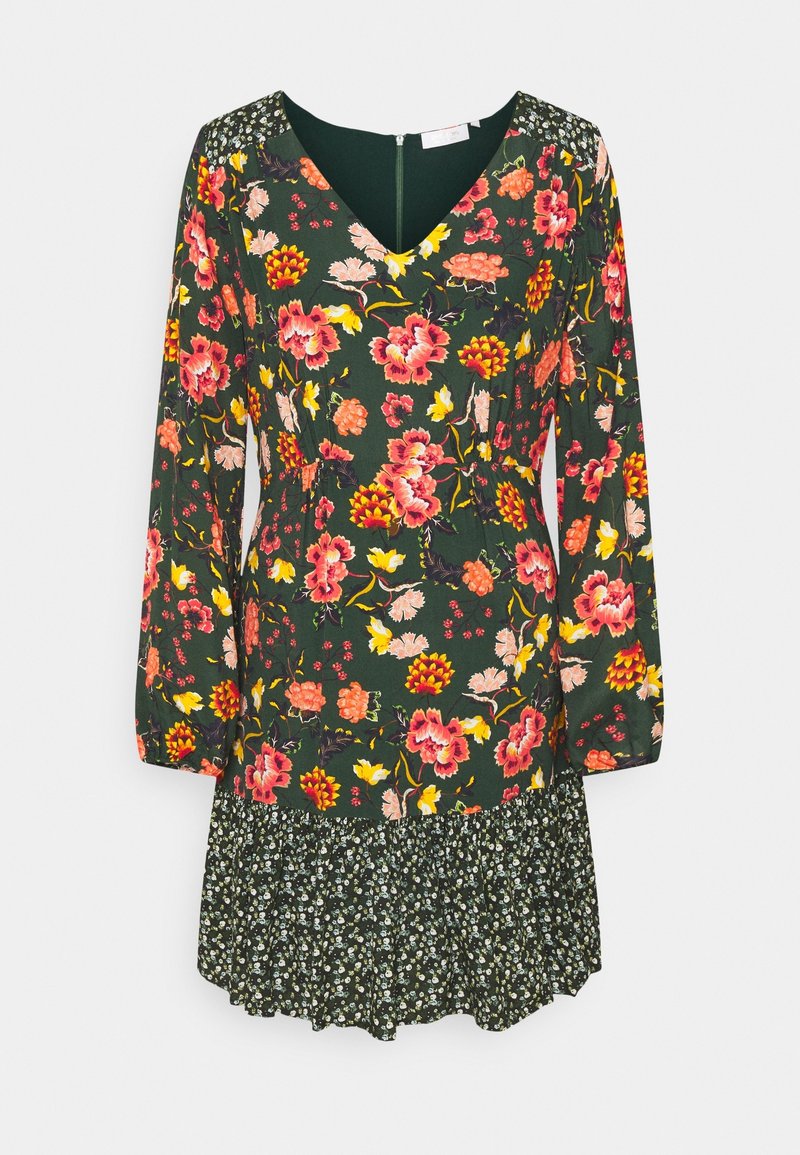 Blumenkleid mit grünem Grundton, verziert mit lebhaften pinken, gelben und weißen Blumen, einem V-Ausschnitt, langen Ärmeln und einem gewellten Saum.