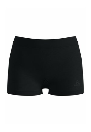 Zwarte naadloze boxershorts met een brede tailleband en een klein merkembleem aan de onderkant aan de rechterzijde.