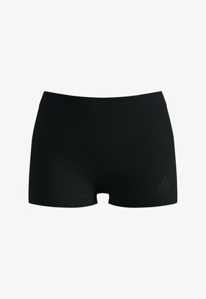 Zwarte naadloze boxershorts met een brede tailleband en een klein merkembleem aan de onderkant aan de rechterzijde.
