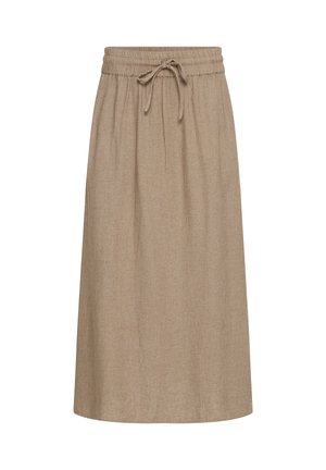 Jupe midi beige avec taille élastique et cordon ajustable, confectionnée en tissu léger texturé.