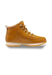 Braune wasserdichte Lederwanderschuhe mit einem Mitteloberteil-Design, Metallösen und einer strukturierten Gummisohle, die einen gepolsterten Kragen zur Unterstützung bietet.