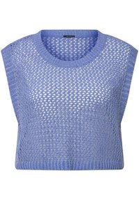 Ljusblå kort stickad tröja med breda axlar, öppen vävstruktur och rund halsringning. Kantdetaljer längs fållen.