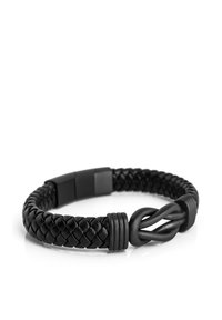 Black braided leather bracelet with a smooth, intertwined metal clasp. Features a textured pattern and a seamless design.