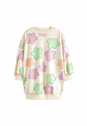 Stickad klänning - ecru white lilac purple green daisy print